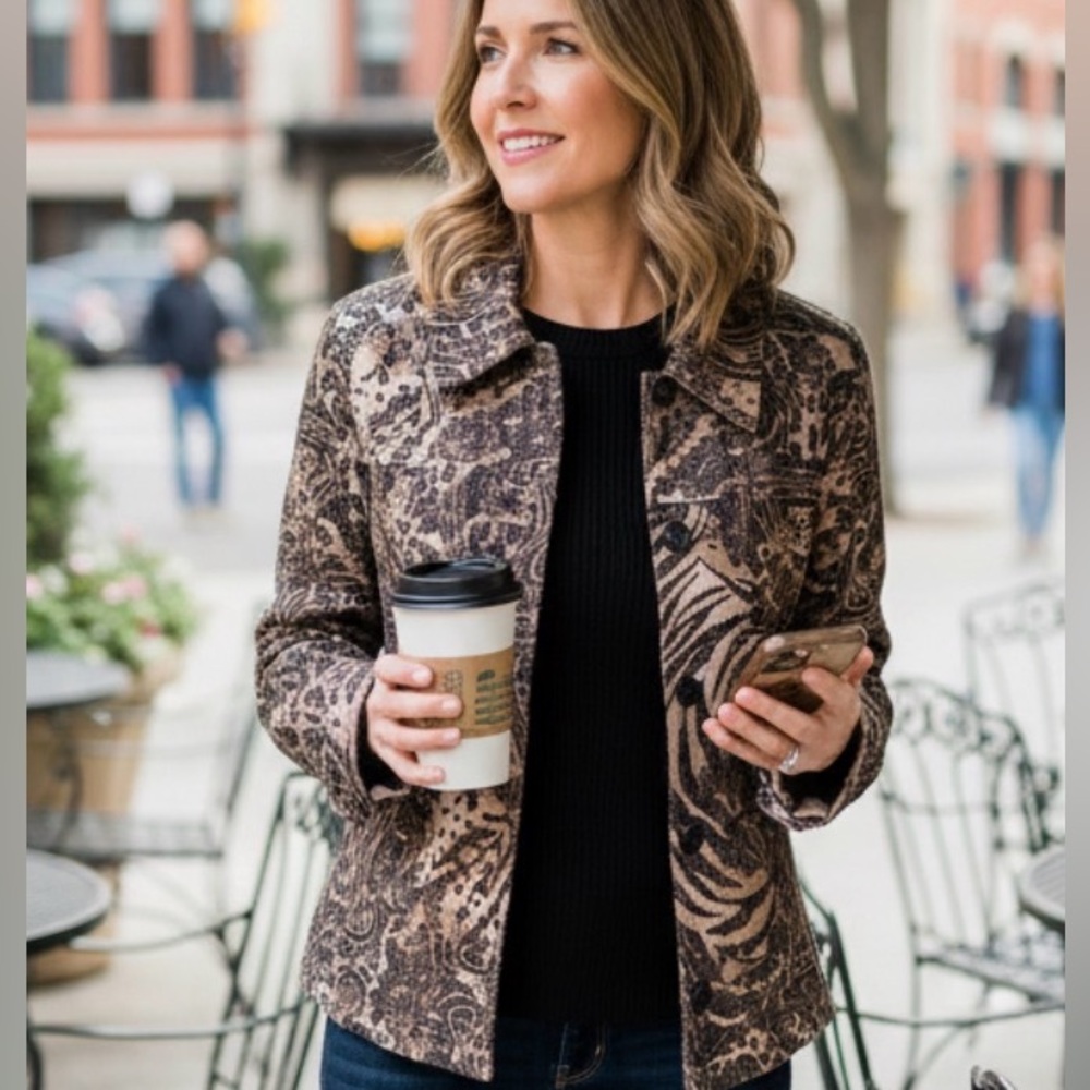 Rebecca Malone Jacket Womens M Brown Animal Paisley Print Jacquard Button Coat